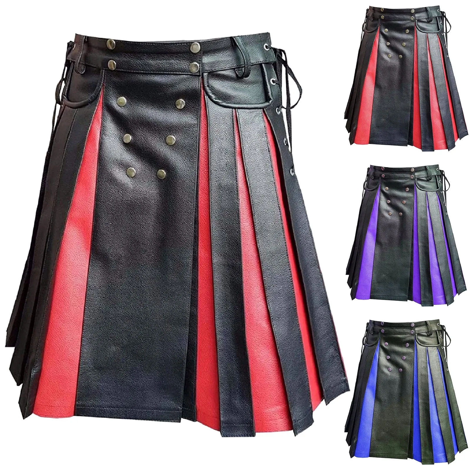 

Mens Real Black & Red Leather Knee Length Gladiator Kilt with Flat Front Panels Scottish Kilts Utility LARP