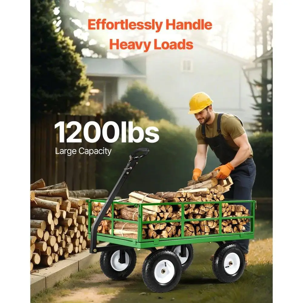 1200 Lbs Heavy Duty Steel Garden Cart with 13 Inch All Terrain Tires Removable Mesh Sides and Rotating Handle for Outdoor Use