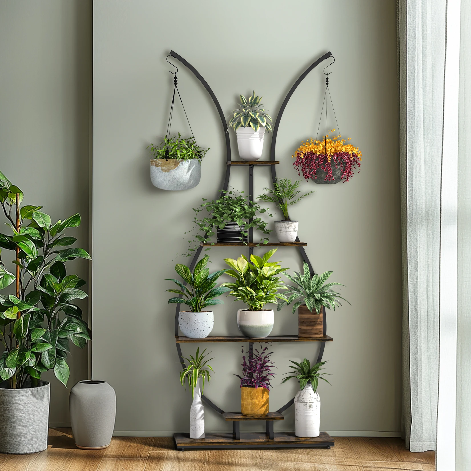 5 Tier Tall Plant Stand Indoor Vase-Shape Metal Plant Shelf with Hanging Hook, Multiple Planter Display for Home Decor Living