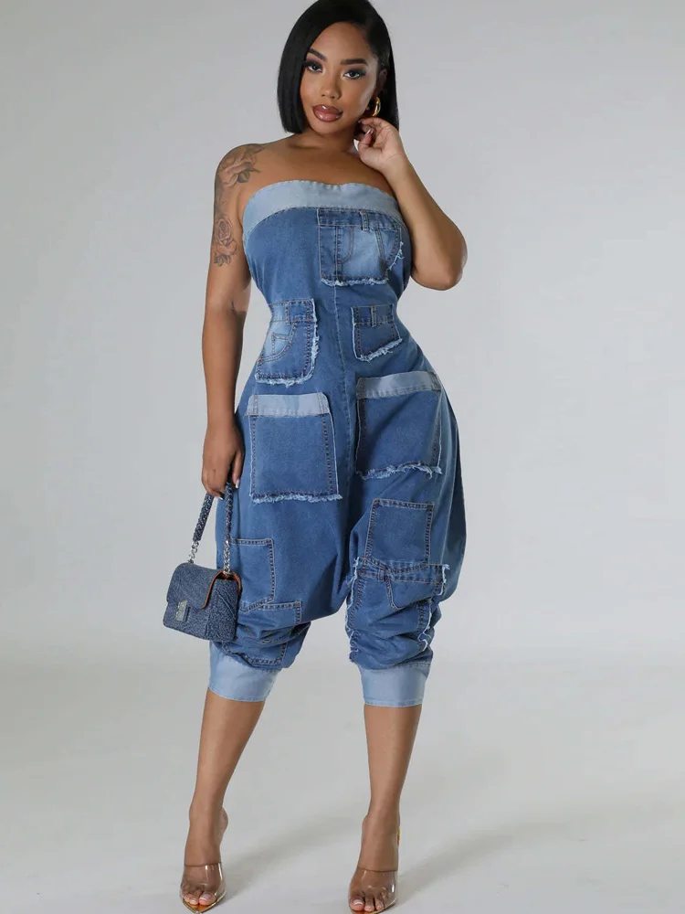 Kricesseen Runway Denim Patchwork Bandeau Jumpsuits One Piece Outfits Women\'s Bomb Jeans Harem Jumper Night Clubwear Outfits