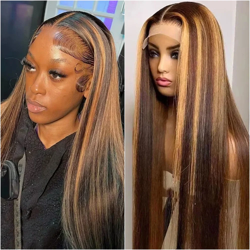 

220 Density Bone Straight 13x4 HD Lace Frontal Wig P4/27 Highlight Colored 13x6 Transparent Lace Front Human Hair Wigs Brazilian