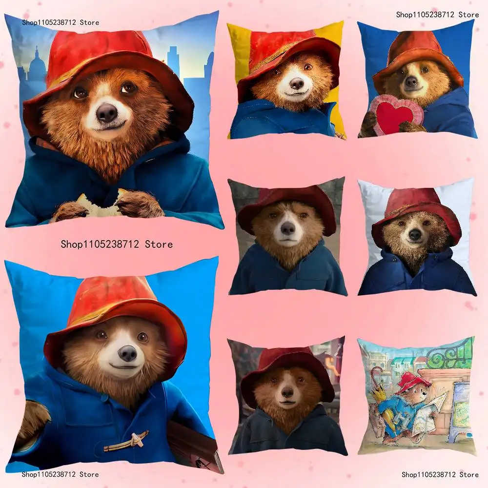 

London P-Paddington Bear Pillow Covers Cartoon Sofa Decorative Home Double-sided Printing Short Plush Cute Cushion Cover