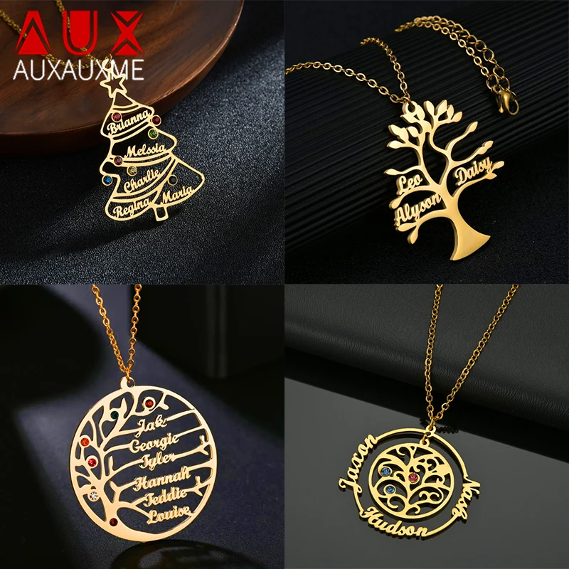 Auxauxme Custom Family Names Necklaces Stainless Steel Personalized Multi-Names Colorful Stone Tree Nameplate Choker Jewelry