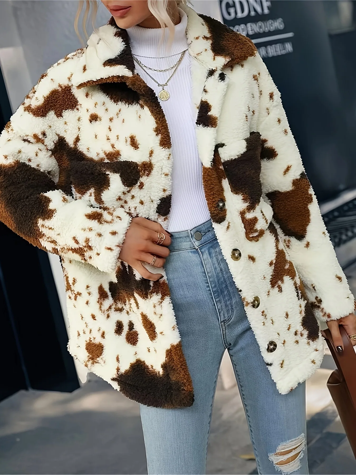 Women's Cow Print Double-sided Cashmere Coat Autumn Winter Loose Coats With Pockets Single Breasted Lapel Collar Plush Jacket