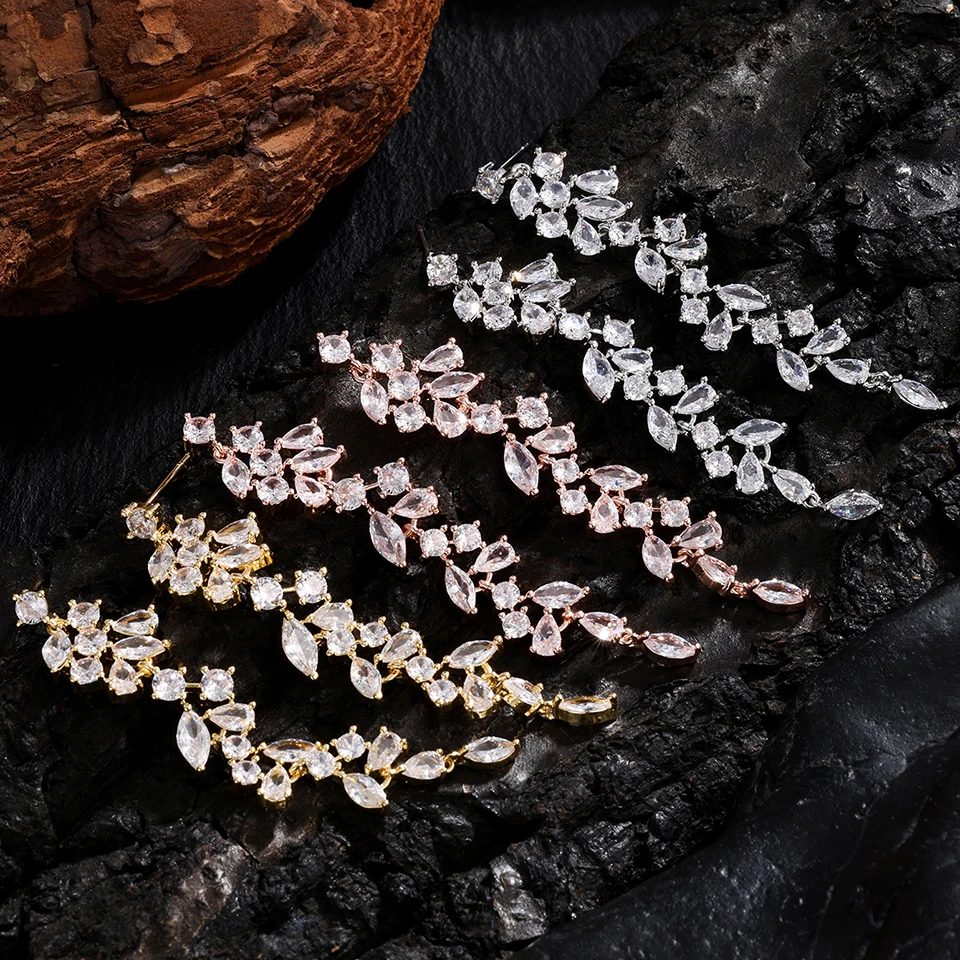 ZAKOL Fashion Cubic Zirconia Leaf Long Dangle Earrings for Women White Leaves Drop Earring Bridal Wedding Jewelry Gifts