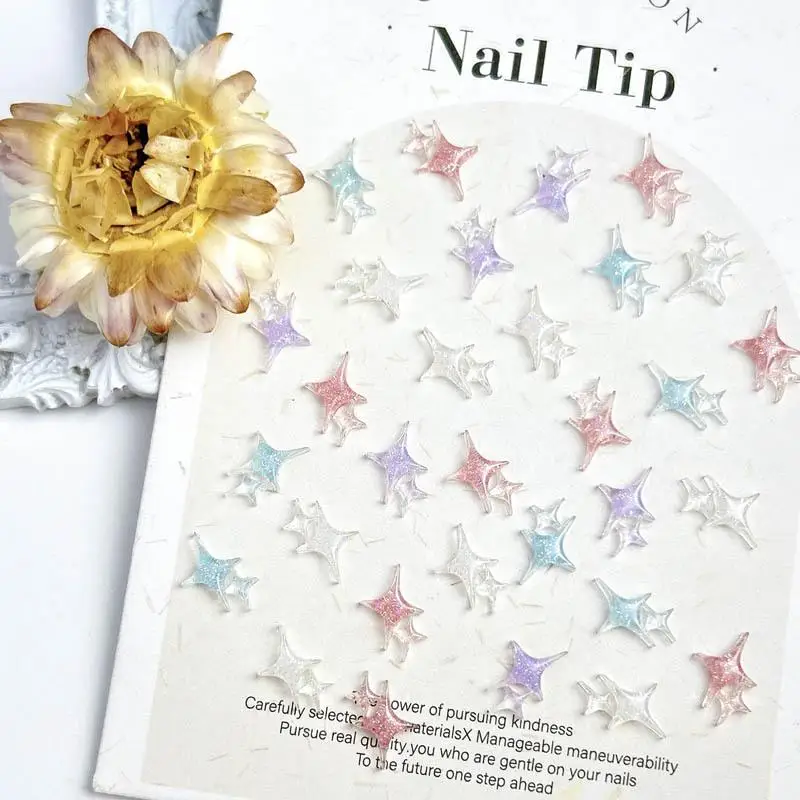 50pcs Luminous Macaron Color Four-pointed Star Nail Art Decorations 3D Cross Double Stars Nail Charms Accessories for DIY Nails
