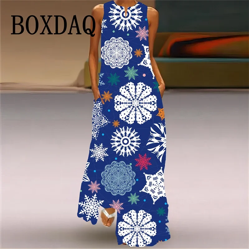 Winter Snowflake Print Women Dress Fashion Casual Christmas Party Evening Long Dress Sexy V-neck Sleeveless Tank Maxi Dress