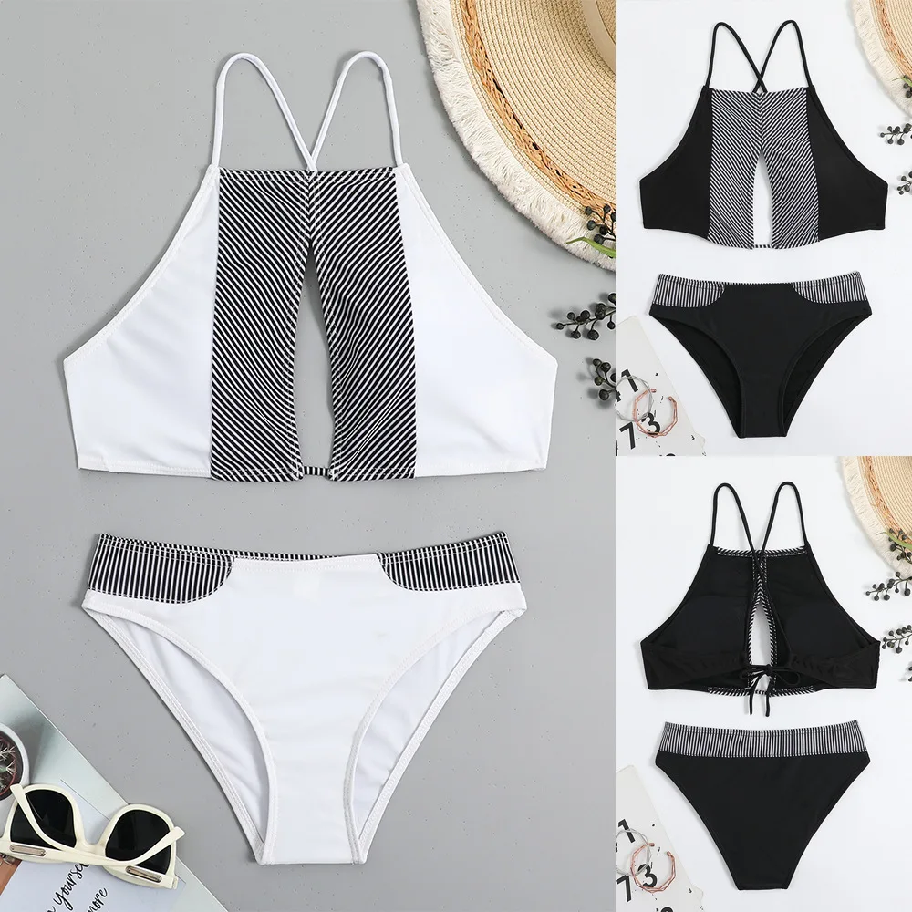 Bikinis de cuello alto para mujer, traje de baño Sexy a rayas para playa, conjunto de Bikini brasileño para piscina 2024