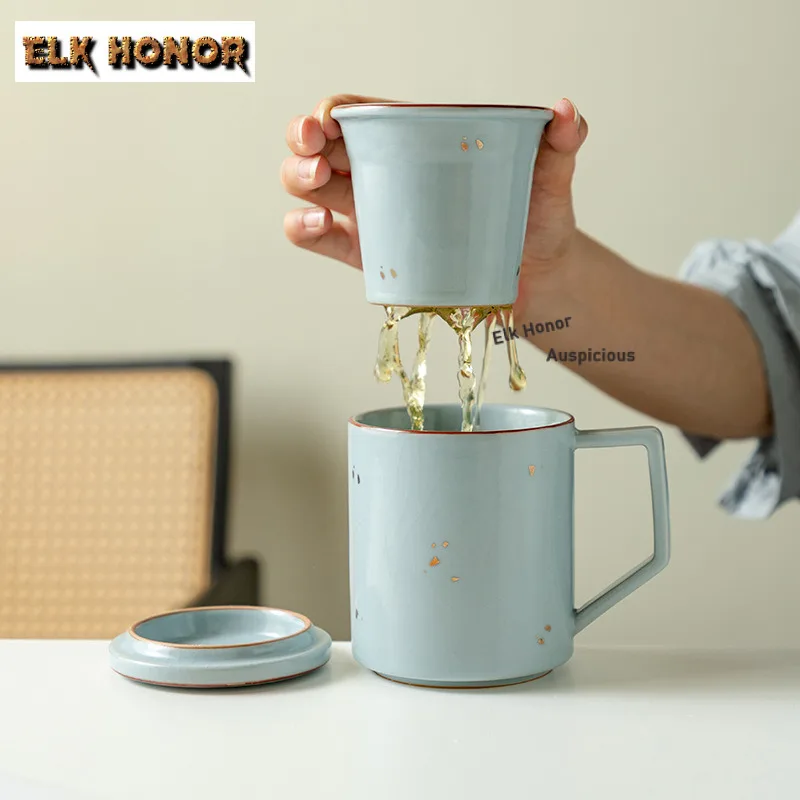 

500ml Sky Blue Ru Kiln Gold Sprinkles Straight Filter Tea Separator Cup Tea Mug With Infuser Tea Soaking Office Water Cup Gifts