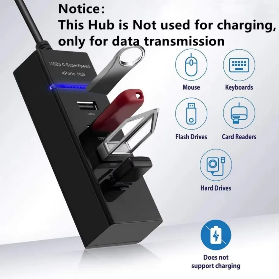 LccKaa 4Port USB 3.0 Hub Data Transmission High Speed Multi USB Splitter Adapter Expander for PC Xiaomi Computer Accessories