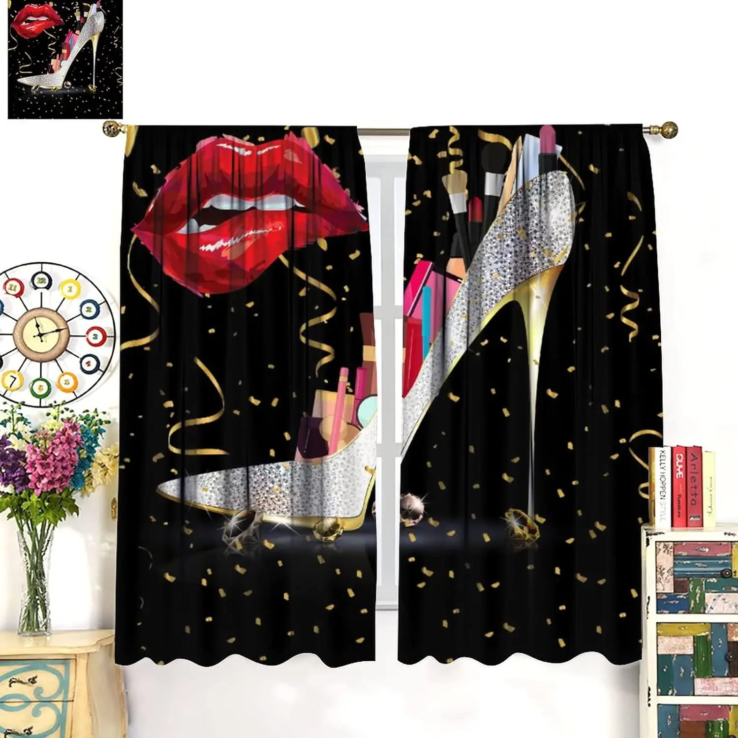 High Heels Curtains Red Sexy Lips Makeup Valentine's Day Theme Bedroom Living Room Decor Rod Pocket Blackout Window Drapes