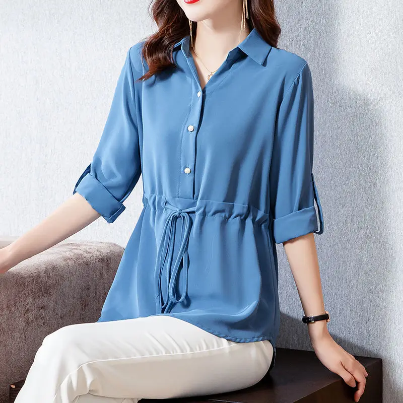 Thin Solid Long Casual Chiffon Button Turn-down Collar Drawstring Women Shirt Women\'s Clothing 2022 Temperament Spring Summer