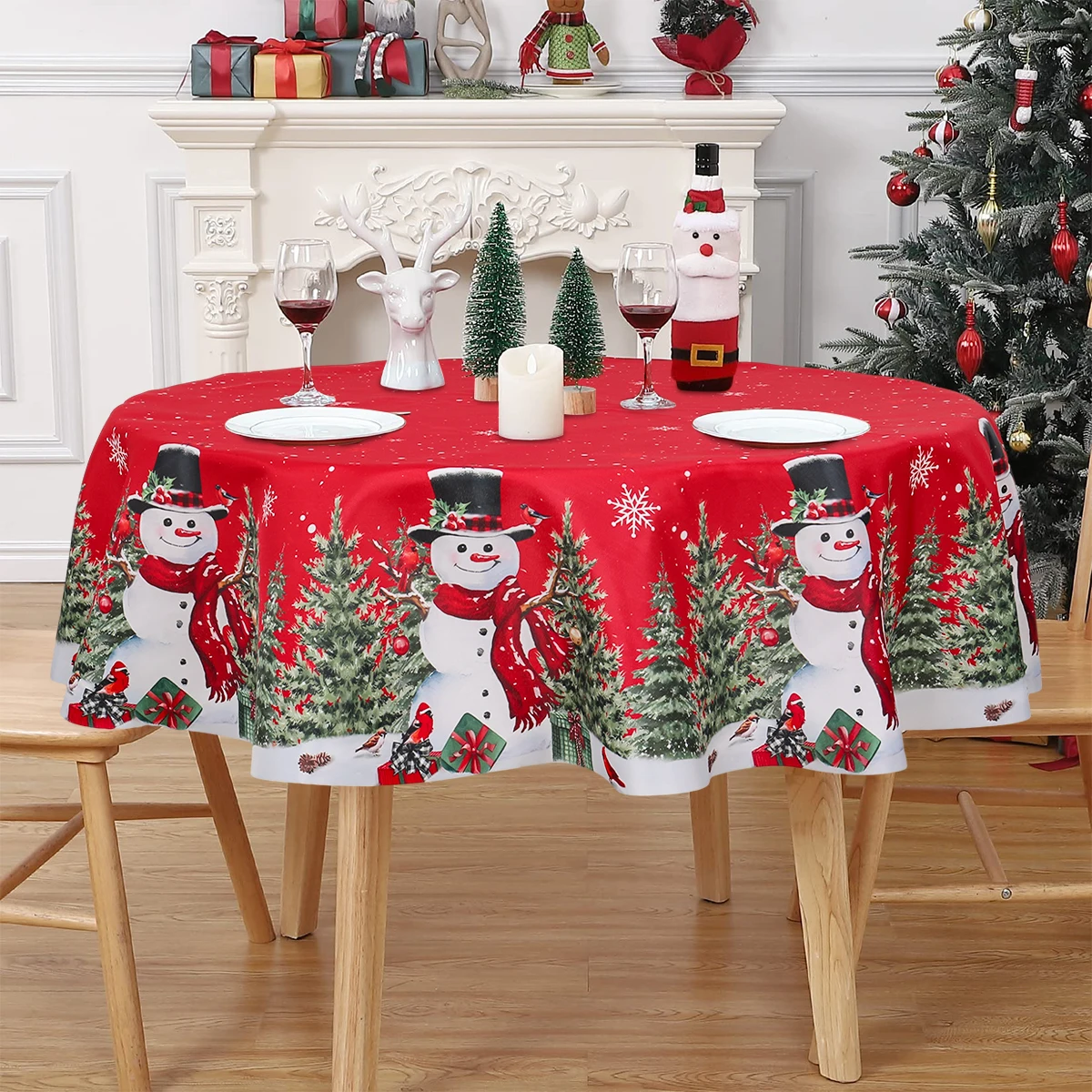 Christmas Polyester Round Tablecloth 2024 Merry Christmas Decoration For Home Xmas Gift Navidad New Year Dining Table Cover