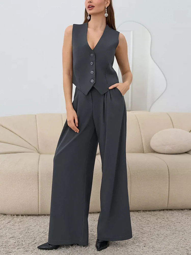 Jyate 2024 Fashion Office Ladies Pants Suits Sleeveless Vest Top + High Waist Long Pants 2 Pieces Sets Business Women Outfits