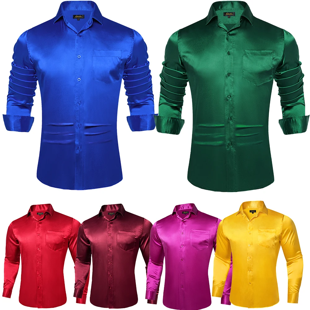 Stretch Satin Men Solid Shirt Blue Red Green Smooth Summer Spring Men Clothing Wedding Party Prom Social Dress Shirts Blouse