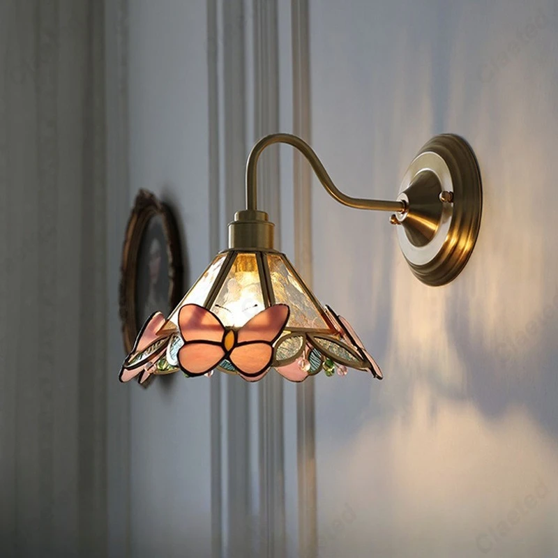 

Японский ретро полностью медный стеклянный настенный светильник, атмосферное прикроватное освещение в гостиной, коридоре, гардеробе