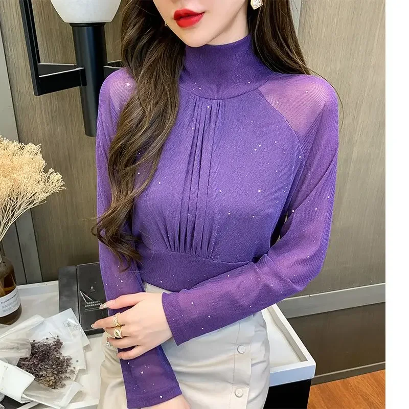 Tops Woman Autumn Winter Red Long Sleeve T Shirt for Women Rhinestone Turtleneck Glitter Sequin Cheap Clothes Elegant Clearance