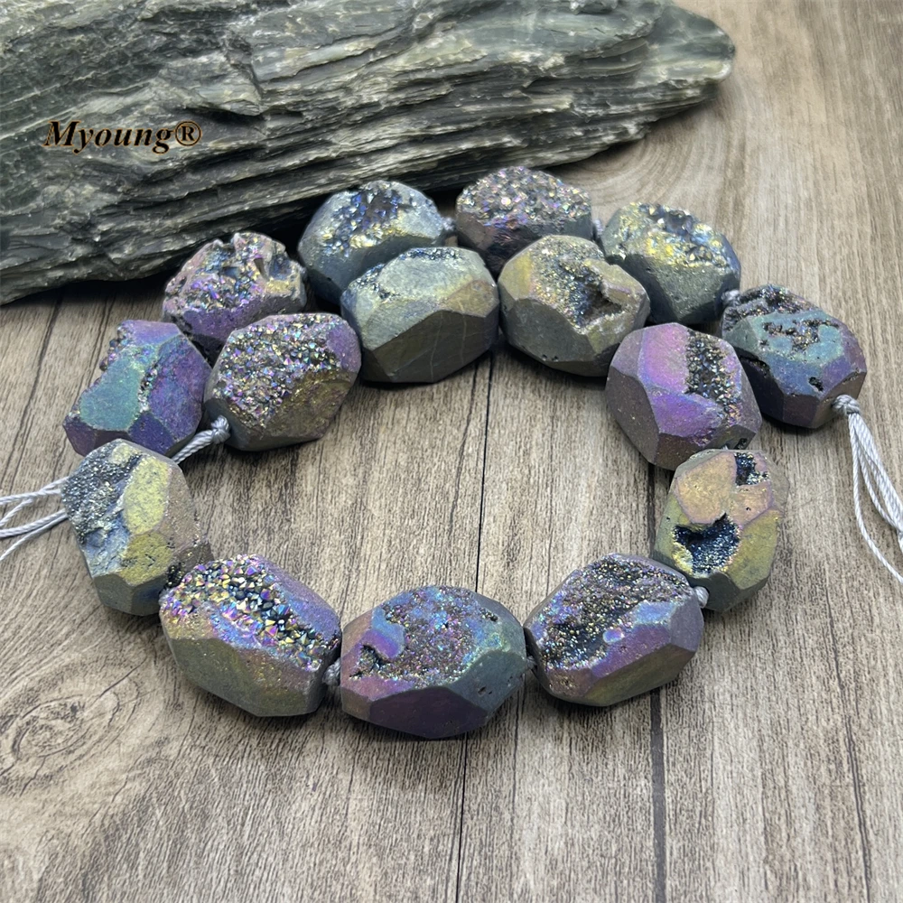 Rainbow Titanium Plated Large Faceted Agates Geode Stone Cutting Nugget Beads For DIY Jewelry Making MY230431