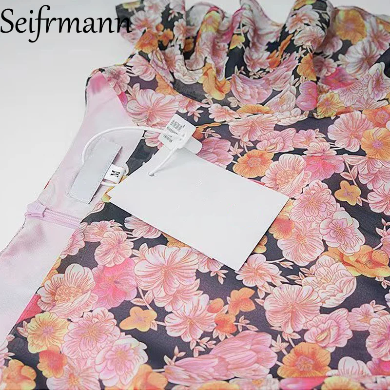 Seifrmann Elegancka damska sukienka na imprezę z kwiatowym nadrukiem i kwadratowym dekoltem z falbanami Sukienki z wysokim stanem