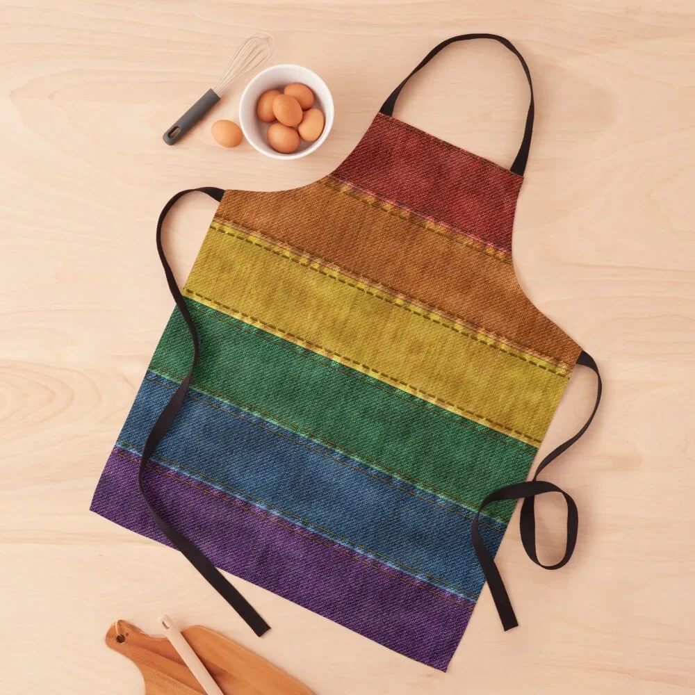 Denim Textured Seamless LGBTQ Pride Rainbow Flag Background Apron Kitchen Things For Home chef costume Barber Customizable Apron