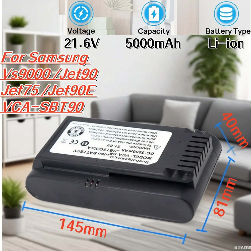 

21.6V 5000mAh VCA-SBT90 Replacement Battery for Samsung Vs9000/Jet90/Jet75, Cordless Handheld Vacuum Cleaner Battery.