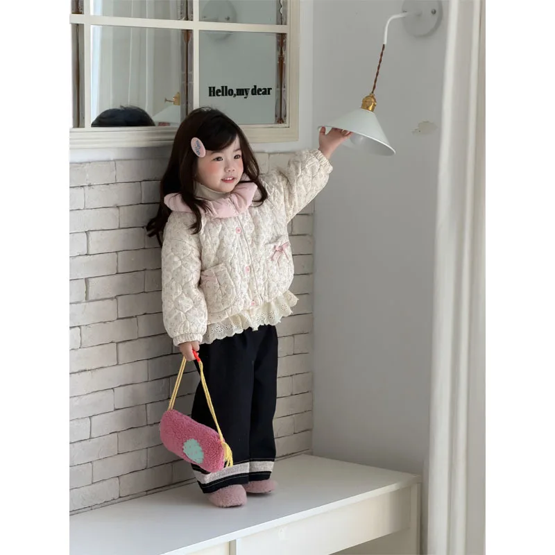 Children's Cotton Jacket Girls Winter with Cotton Warm and Thicken Cute Heart Floral Pattern Outerwear Girl Cotton Jacket