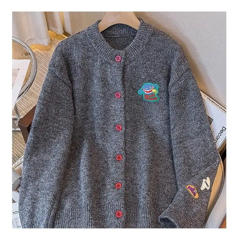 

American Sle Retro Cartoon Embroidery Long Sve round Ne Knitted Open Cardigan Men's Women's Sweater Jaet Autumn Wint...