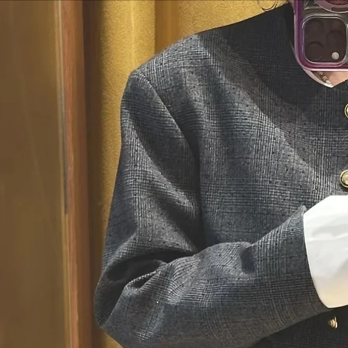 

2025 new elegant plaid two-piece suit for women, single-breasted rhinestone jacket or pleated slim skirt