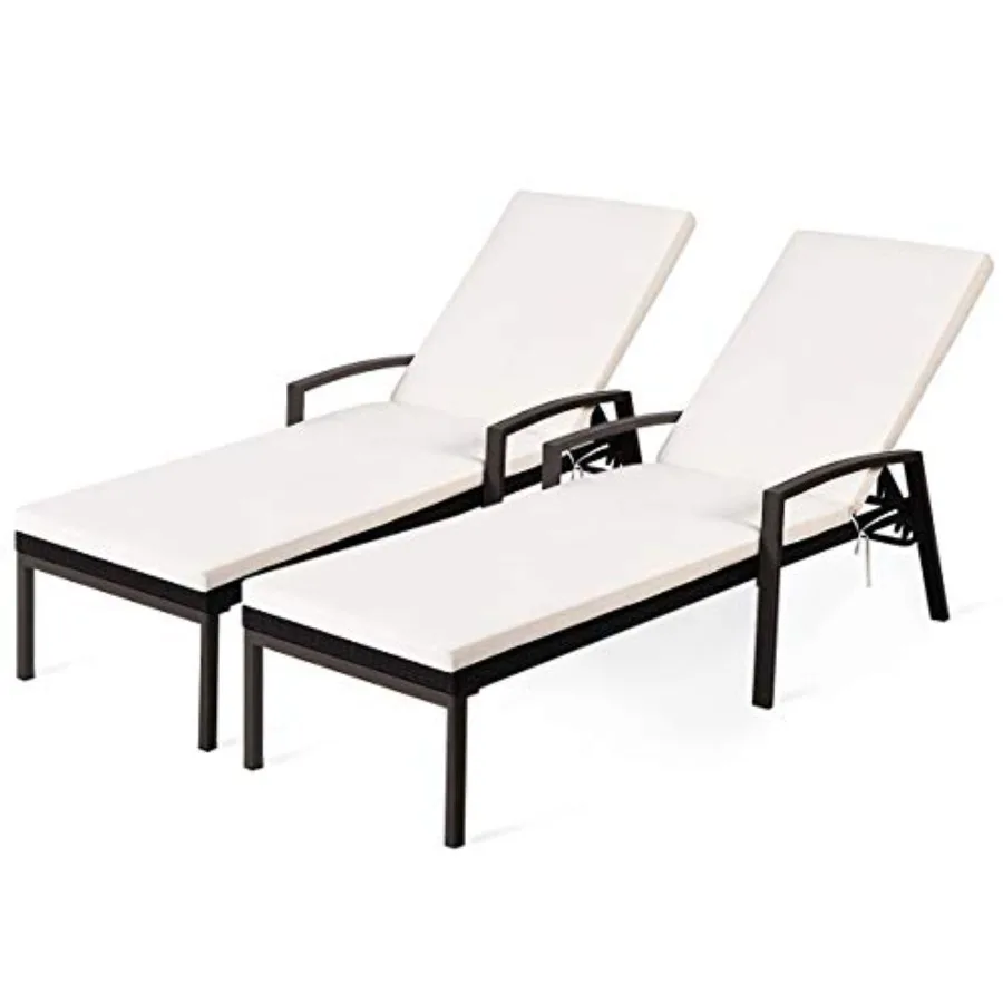 Patio chaise lounge set for outdoor use, rattan wicker material, beige color, adjustable backrest and armrest with padded cushi