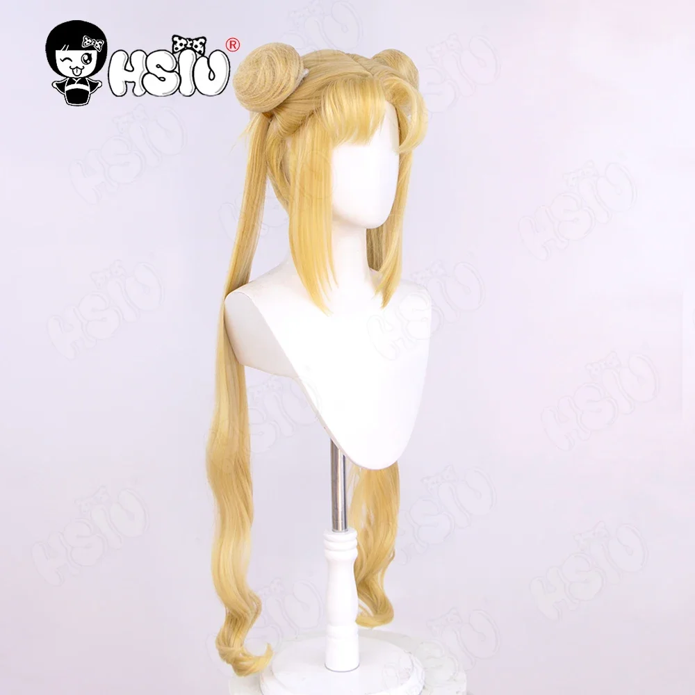 Tsukino Usagi peruka do cosplay peruka z włókna syntetycznego HSIU 95Cm blond podwójny kucyk długie kręcone peruka marki