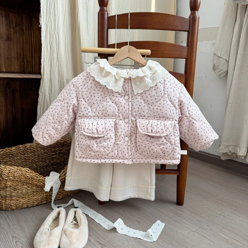 

2025 Winter New Children Cotton Padded Jacket Long Sleeve Girls Lace Collar Floral Coat Plus Velvet Thick Kids Warm Clothes