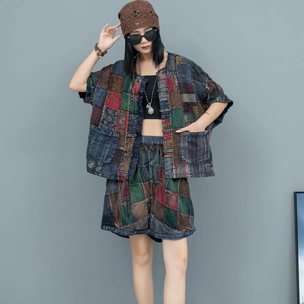 Heavy Industry Splicing Button Cardigan Short Sleeved Coat + Shorts Two Piece Set Women Outfit 2024 Summer Short Set LX1547