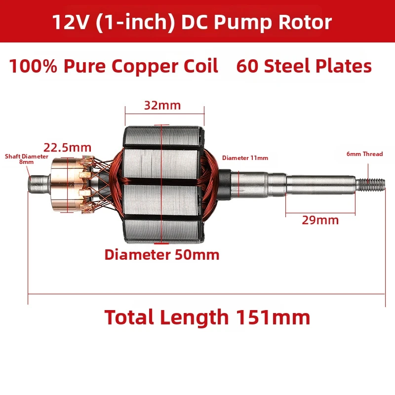 12V 24V 48V 60V 72V DC Submersible Pump Rotor Pure Copper Wire With Commutator For 1-inch Deep Well Motor Power Tools Parts