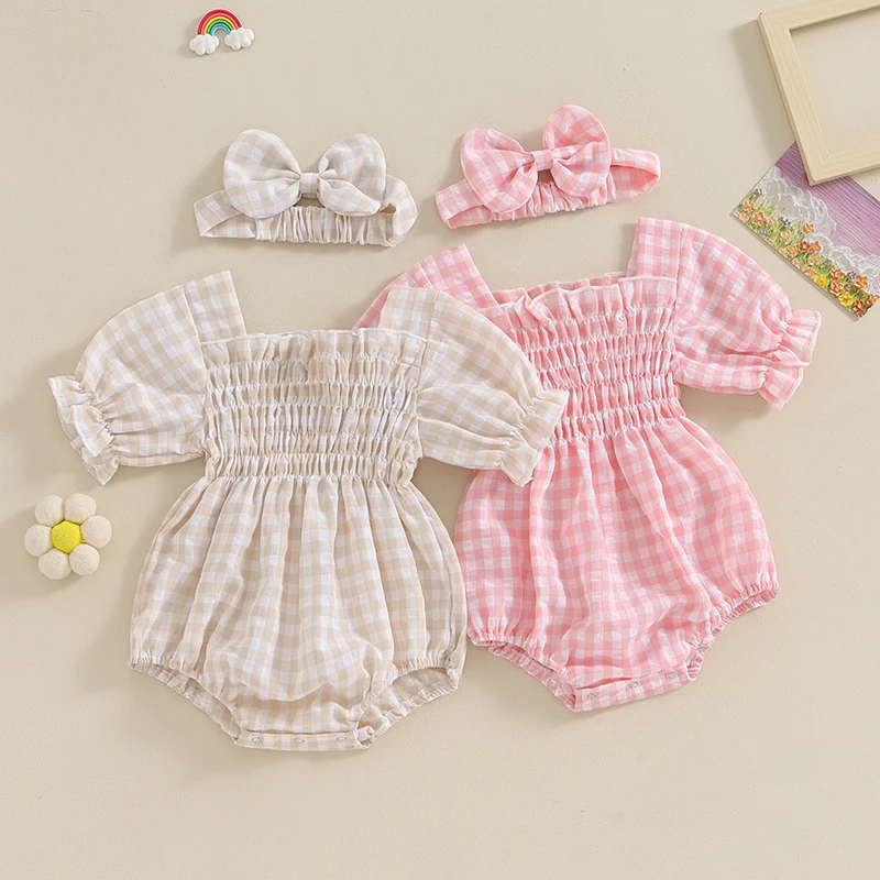 FOCUSNORM 0-18M Infant Baby Girls Cute Romper Headband Outfits Short Sleeve Square Collar Plaid Print Button Jumpsuits