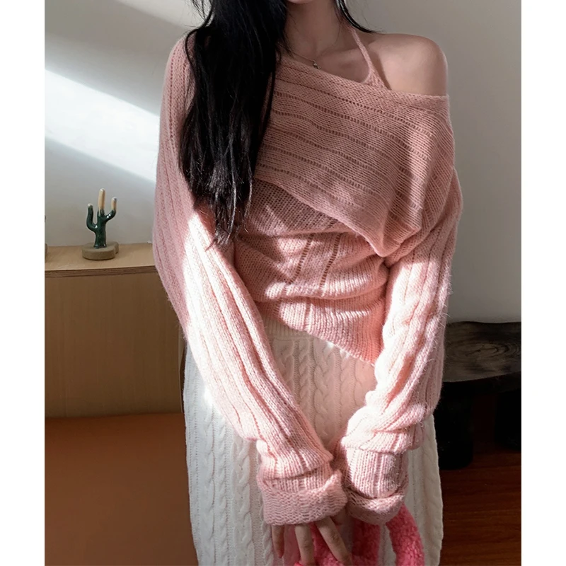 2023 inizio autunno rosa asimmetrico 2 pezzi set maglione femminile Hotsweet Halter morbido maglione caldo Pullover