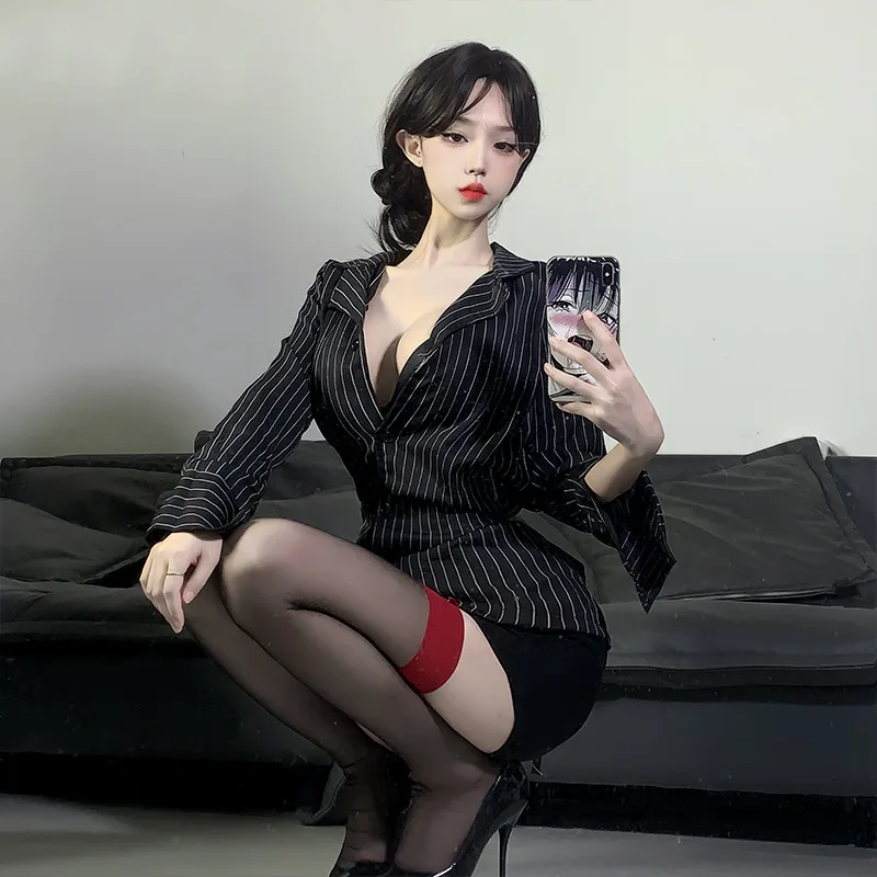 Sexy Secretary OL Office Lady Cosplay Open Bra Role Play Self-Cultivation Lingerie Costumes Striped Shirt Office Lady Uniform view 2