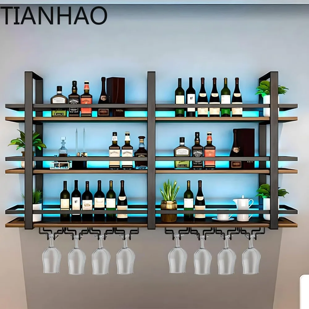 Wine Rack Wall Mounted with LED Lights, 3 Tier Metal Liquor Floating Display Shelves,with Wine Glass Rack, Iron Wood Industrial