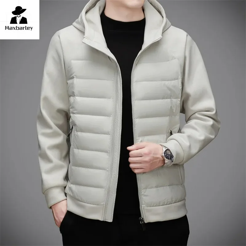 Jaket Down Musim Dingin Pria, mantel berkerudung tahan angin kasual olahraga putih hangat ringan merek mewah 2024
