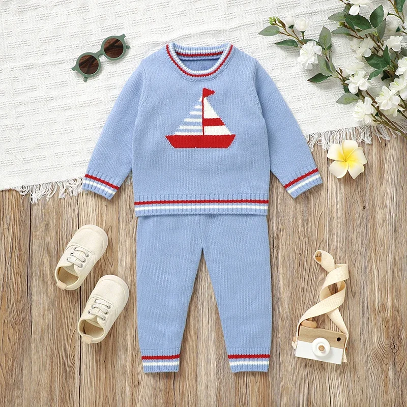 Autumn Baby Clothes Sets Knit Infant Girls Boy Sweater +Pants Long Sleeve Newborn Child Pollover Cute Cartoon Boat +Trousers 2PC