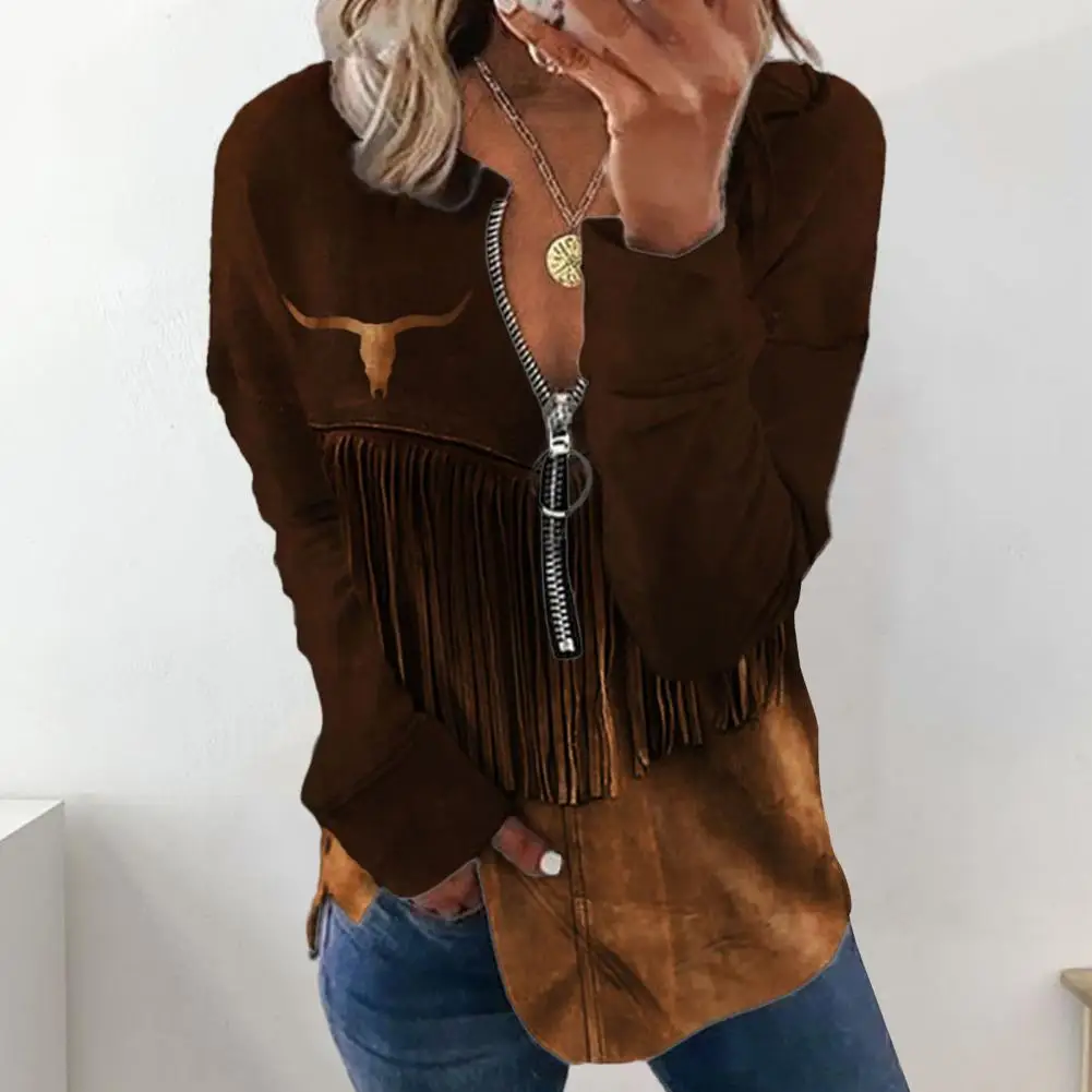 Front Zipper Shirt Chic V-neck Tassel Print Women's Sweatshirt Blouses with Front Zipper Casual Trendy Female Tops for Everyday