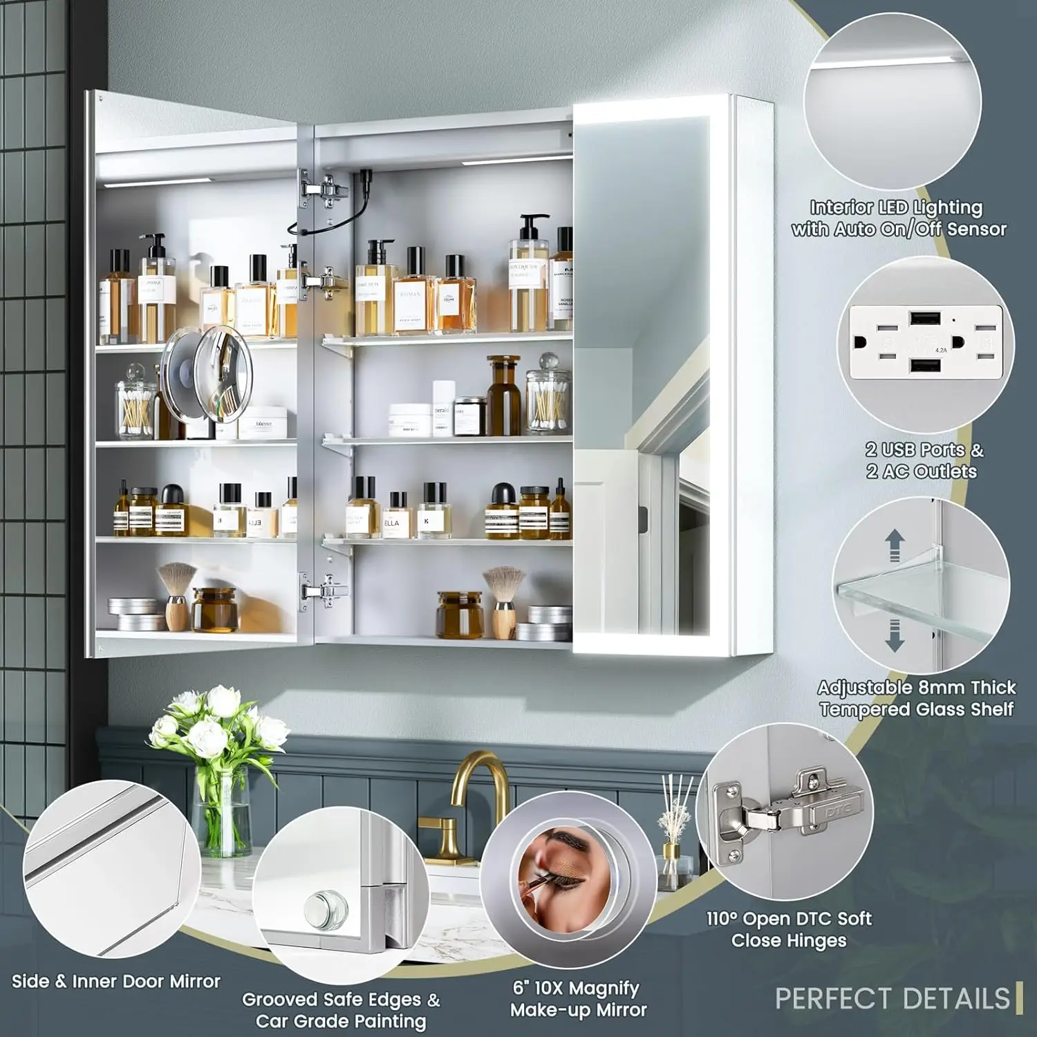 Inch Lighted Medicine Cabinet, AL Alloy Frame, Plug-in or Hardwired, Recessed or Wall Mount, Mirror Doors/3 Colors/Dimmable/Inte