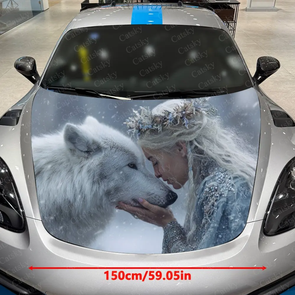 Snow Forest Princess And Wolf Car Hood Graphic Stickers, Car Aesthetics, Eye-catching Pattern Decorations, PVC Waterproof Self-a
