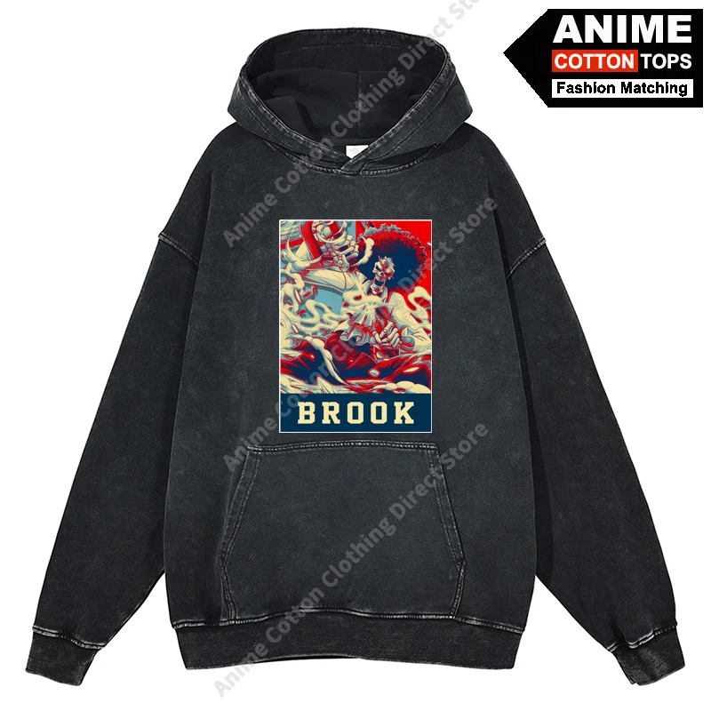 Anime Pirate King Peripheral Clothing BROOK Print Hoodies Cotton Washed Vintage Unisex Oversized Loose Sweatshirt Tracksuit Tops