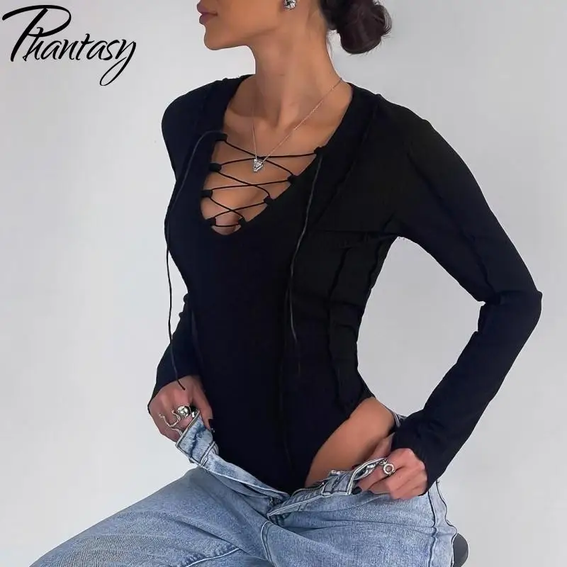 Phantasy Women Sexy Elegance Jumpsuit Street Designer Long Sleeve Onesie Girl Hollow Out V-Neck Fashion White Slim Bodysuit