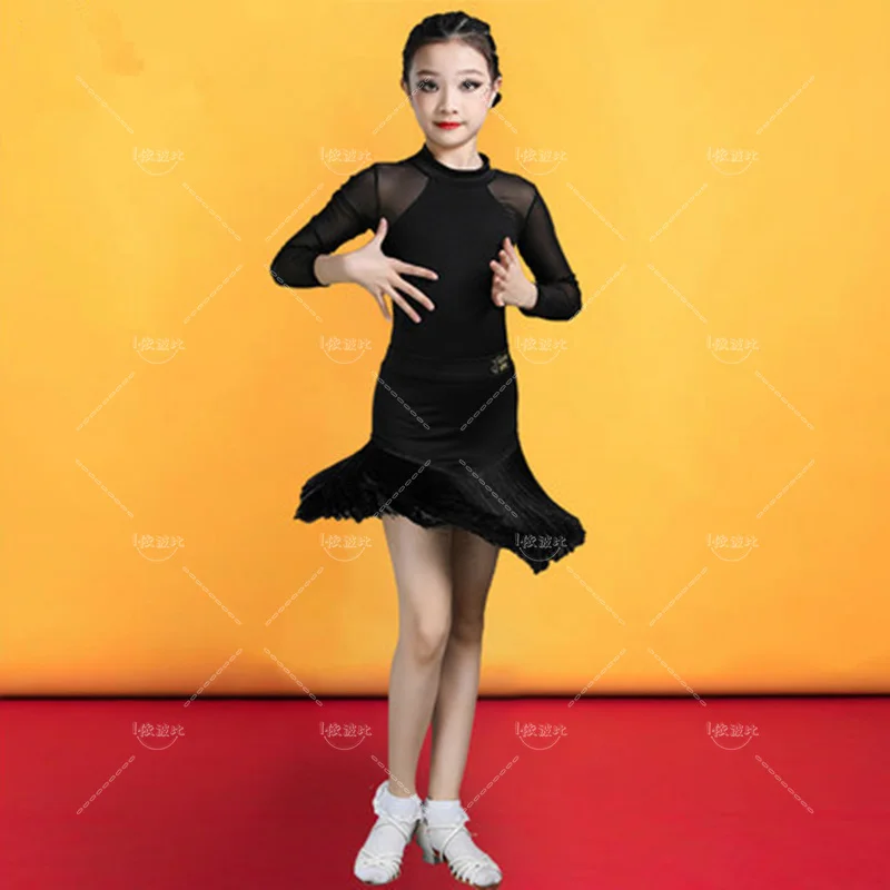 2024 Black Suits Latin Performance Summer Children's Girls Practise Training Dress Dancing Clothing Stage Performance Uniforms