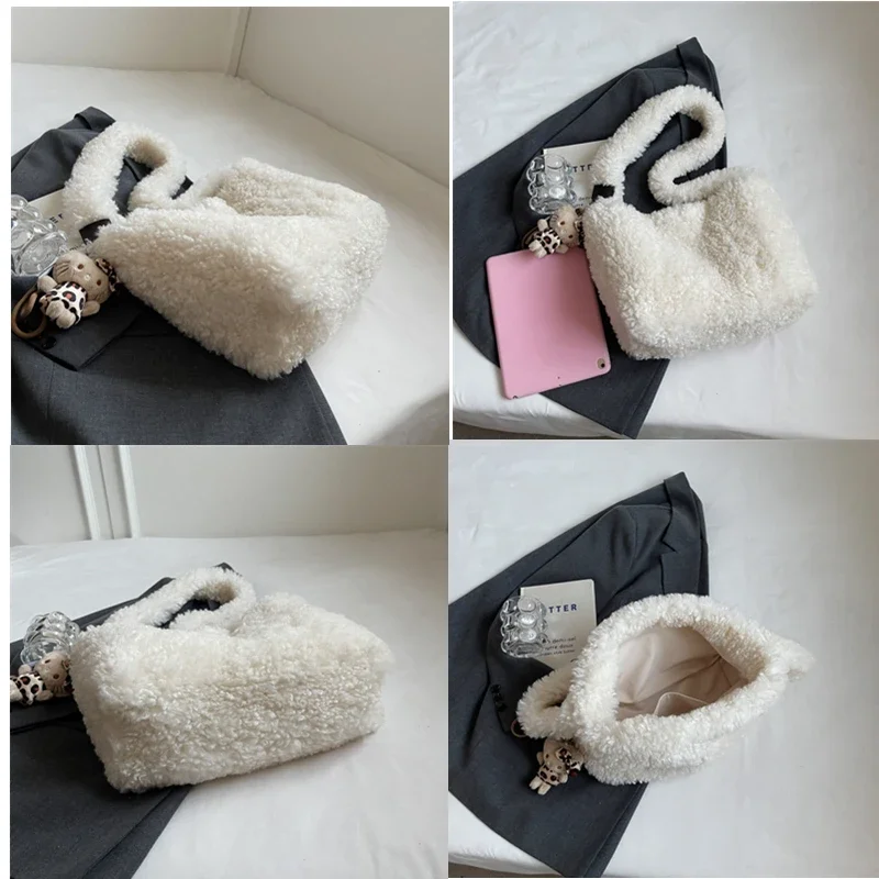 Sac à bandoulière en peluche solide pour femme, sac à main décontracté pour femme, sac à main léger pour femme, sac hobos pour femme, pochette en fourrure, sac à main pour document, hiver