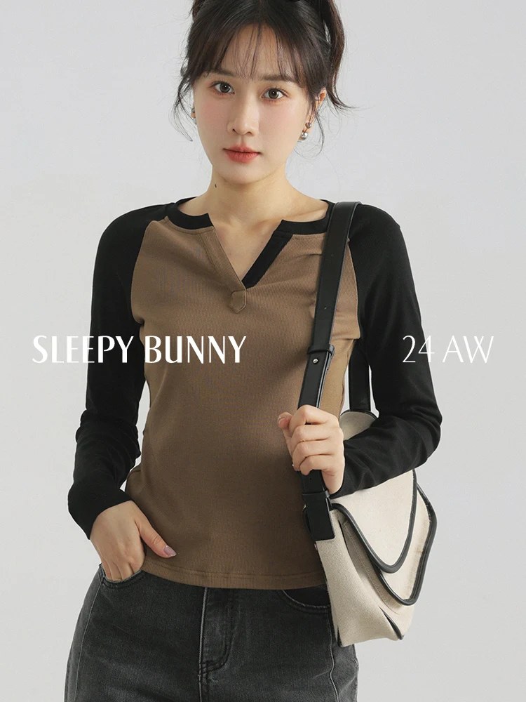 

Vintage Slim Fit Colorblock V Neck T Shirt Long Sleeve Raglan Top Women Autumn Casual Retro Inner Layer Elegant Fitted Blouse