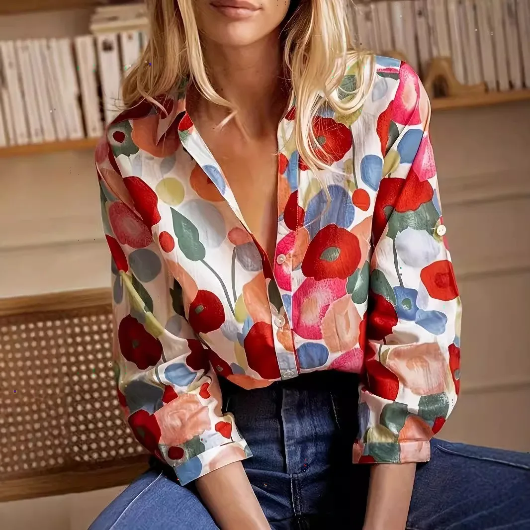 3D Pattern Long Sleeve Blouse Regular Fit Elegant with Woven Construction Button Front Notched Collar Commuter for Women