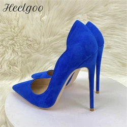 Heelgoo Royal Blue syntetyczne zamszowe damskie boczne Curl Cut Pointy Toe buty na wysokim obcasie eleganckie czółenka na szpilkach Plus rozmiar 33-46