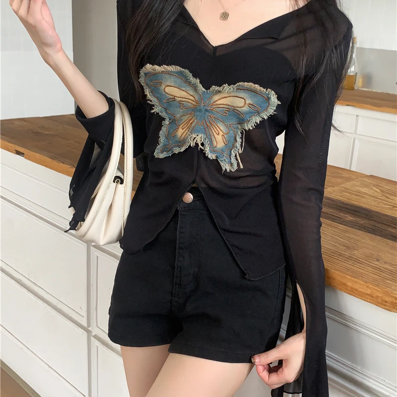 

Splice Long Sve T-irt Women's Summer New Waist Slim Cover up Top Ins Korean Sle Commute Creative Pattern
